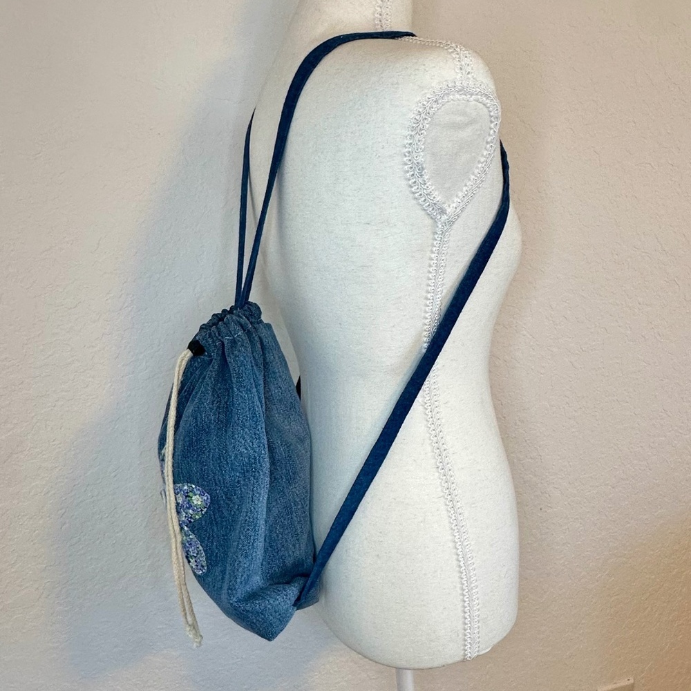 Cute Handmade Denim Drawstring Backpack - Picture 4 of 9